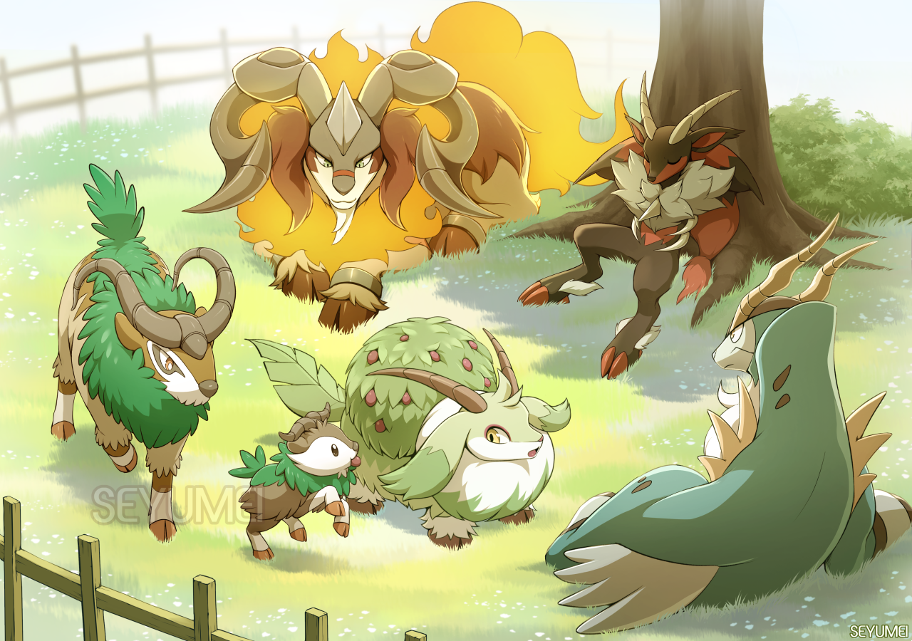 1other arms_behind_head arsox artist_name border bush caprity cobalion commentary creature creature_focus crossover day english_commentary fading_border fence gen_5_pokemon gen_6_pokemon gogoat grass horns incineram legendary_pokemon looking_at_another nintendo outdoors pal_(creature) palworld pokemon pokemon_(creature) seyumei simple_flower skiddo sleeping sleeping_upright watermark