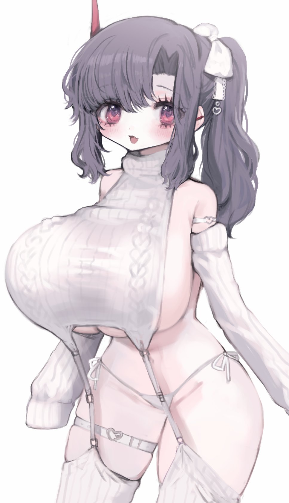 1girl bare_shoulders black_hair blush bow breasts cropped_legs curvy dress fang garter_belt garter_straps hair_bow hair_ribbon highres huge_breasts long_hair looking_at_viewer meme_attire mole naked_sweater open_mouth original panties pink_eyes red_eyes ribbed_sweater ribbon shishamosama side_ponytail sideboob simple_background skindentation sleeves_past_fingers sleeves_past_wrists smile solo sweater sweater_dress thighhighs turtleneck turtleneck_sweater twintails underboob underwear virgin_killer_sweater wavy_hair white_background white_bow white_panties