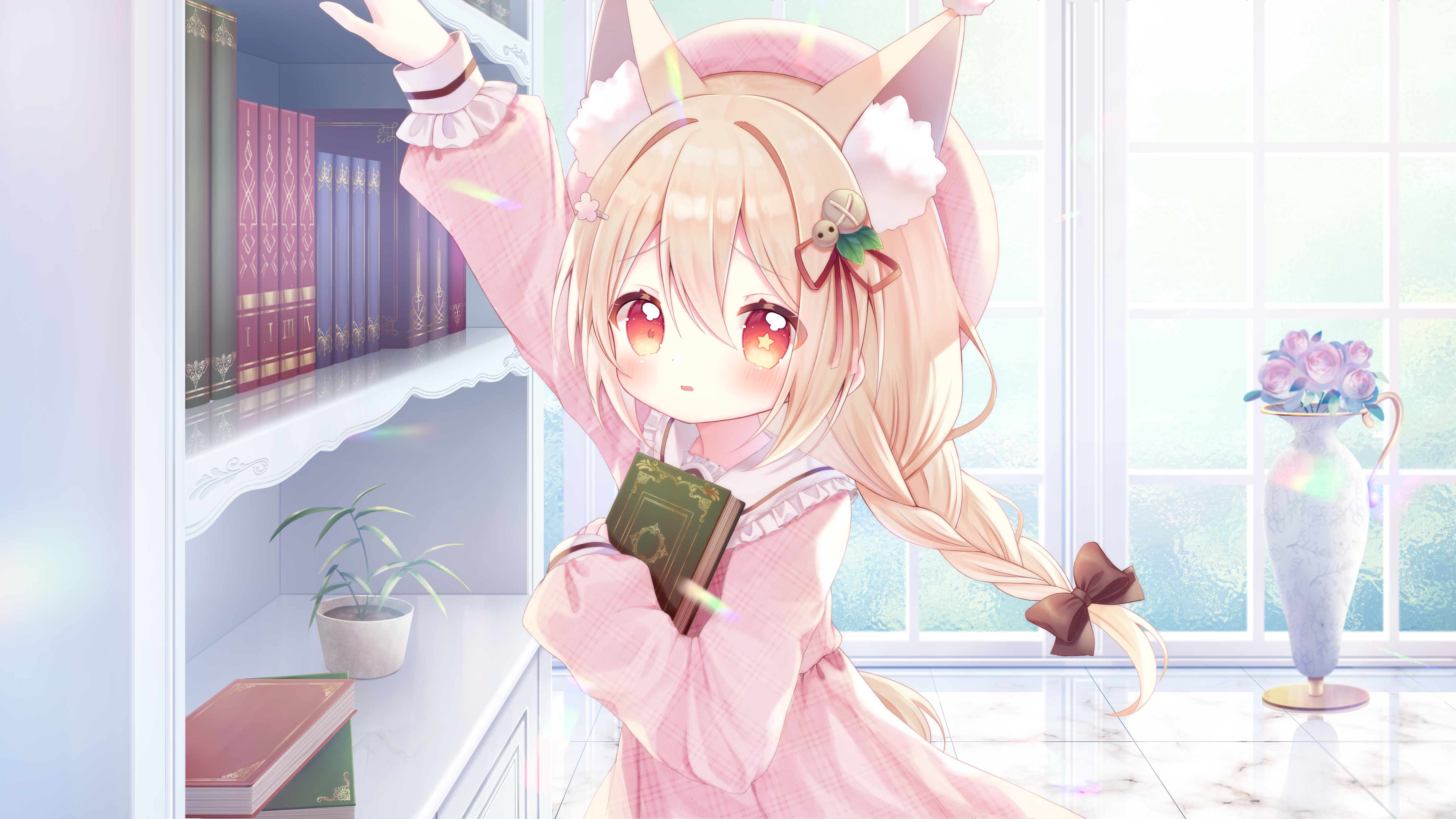 1girl absurdres animal_ear_fluff animal_ears arm_up beret blonde_hair book bow braid brown_bow collared_dress commentary_request commission dress extra_ears flower furrowed_brow gradient_eyes hair_between_eyes hair_bow hair_flower hair_ornament hair_ribbon hanamura_lily hat highres holding holding_book long_hair long_sleeves looking_at_viewer mismatched_pupils momose_kumino multicolored_eyes open_mouth original pink_dress red_eyes red_ribbon ribbon skeb_commission solo star-shaped_pupils star_(symbol) symbol-shaped_pupils twin_braids two-tone_eyes yellow_eyes yellow_pupils