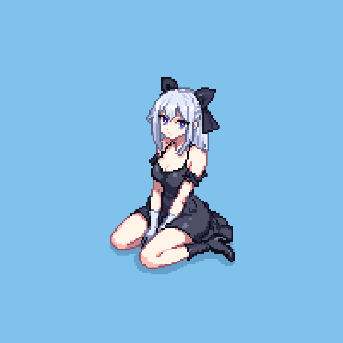 arm_garter between_legs black_arm_garter black_boots black_bow black_dress blue_background blue_eyes boots bow breasts commentary_request dress elbow_gloves full_body gloves hair_bow hand_between_legs high_heel_boots high_heels highres long_hair looking_at_viewer medium_breasts original pixel_art sauron_luna sidelocks simple_background sitting sleeveless sleeveless_dress spaghetti_strap spanish_commentary wariza white_gloves white_hair