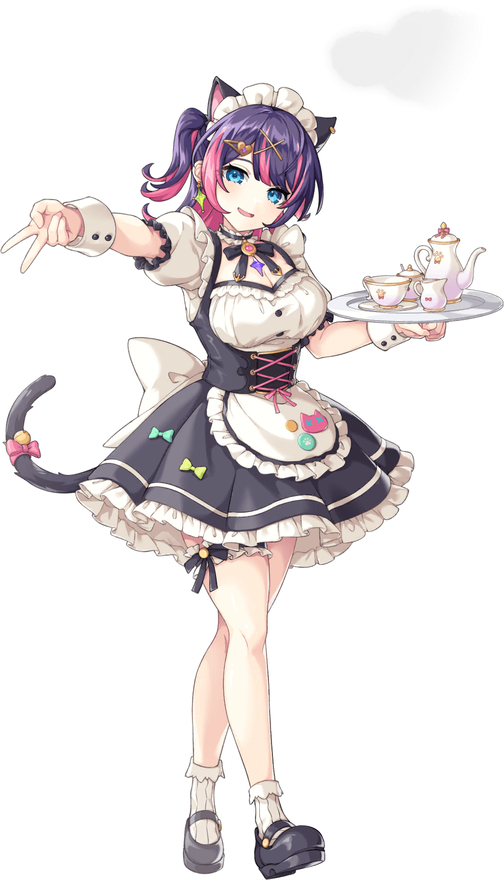 1girl andromeda_(legend_clover) animal_ears artist_request artistic_error bare_legs bell blue_eyes bow breasts cat_ears cat_tail cleavage cup earrings full_body game_cg highres jewelry jingle_bell legend_clover maid maid_headdress multicolored_hair official_alternate_costume official_art open_mouth pink_hair purple_hair short_sleeves socks solo star_(symbol) star_earrings tail tail_bell tail_ornament third-party_source transparent_background tray v white_socks