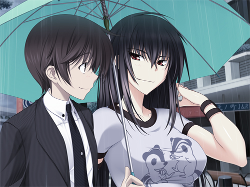 1boy 1girl black_hair breasts formal_clothes game_cg kawagishi_keitarou kawakami_momoyo long_hair lowres maji_de_watashi_ni_koi_shinasai! naoe_yamato necktie outdoors rain short_hair smile suit umbrella wagi