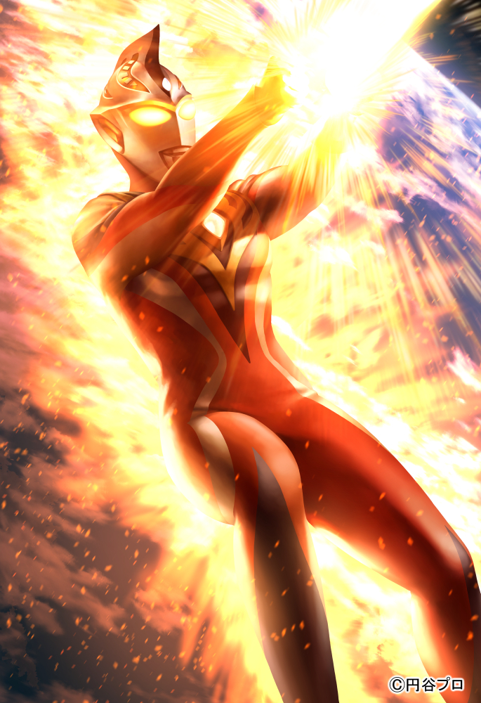 1boy alien armor atmospheric_layer aura black_skin breastplate clenched_hands color_timer colored_skin commentary company_name dorsal_fin earth_(planet) energy energy_beam feet_out_of_frame fiery_aura firing forehead_jewel glowing glowing_eyes hands_up kuniyasu_ikki leg_up looking_up male_focus midair multicolored_skin official_art pectorals planet red_skin silver_skin solo space tokusatsu ultra_series ultraman_cosmos_(series) ultraman_justice ultraman_justice_(crusher_mode) wrinkled_skin yellow_eyes