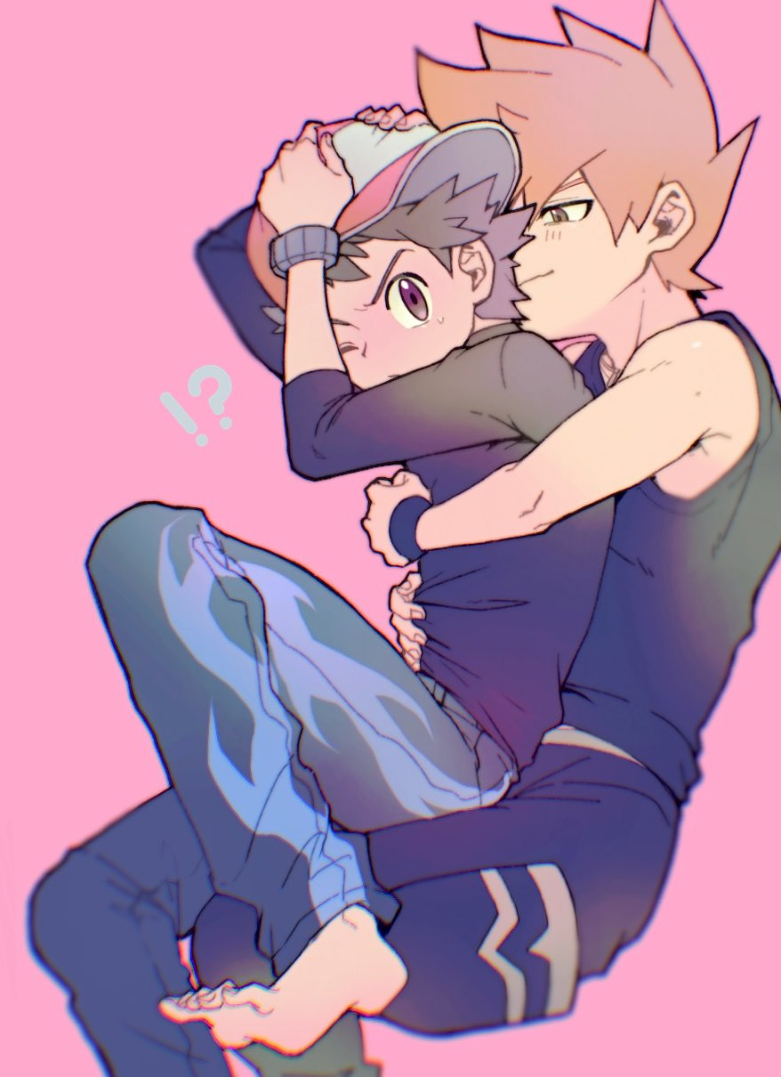2boys armpits blue_oak blue_oak_(sygna_suit) blush ca_pkmn highres hug md5_mismatch multiple_boys nintendo orange_hair pokemon pokemon_masters_ex red_(pokemon) red_(sygna_suit)_(pokemon) sleeveless smelling smelling_hair yaoi