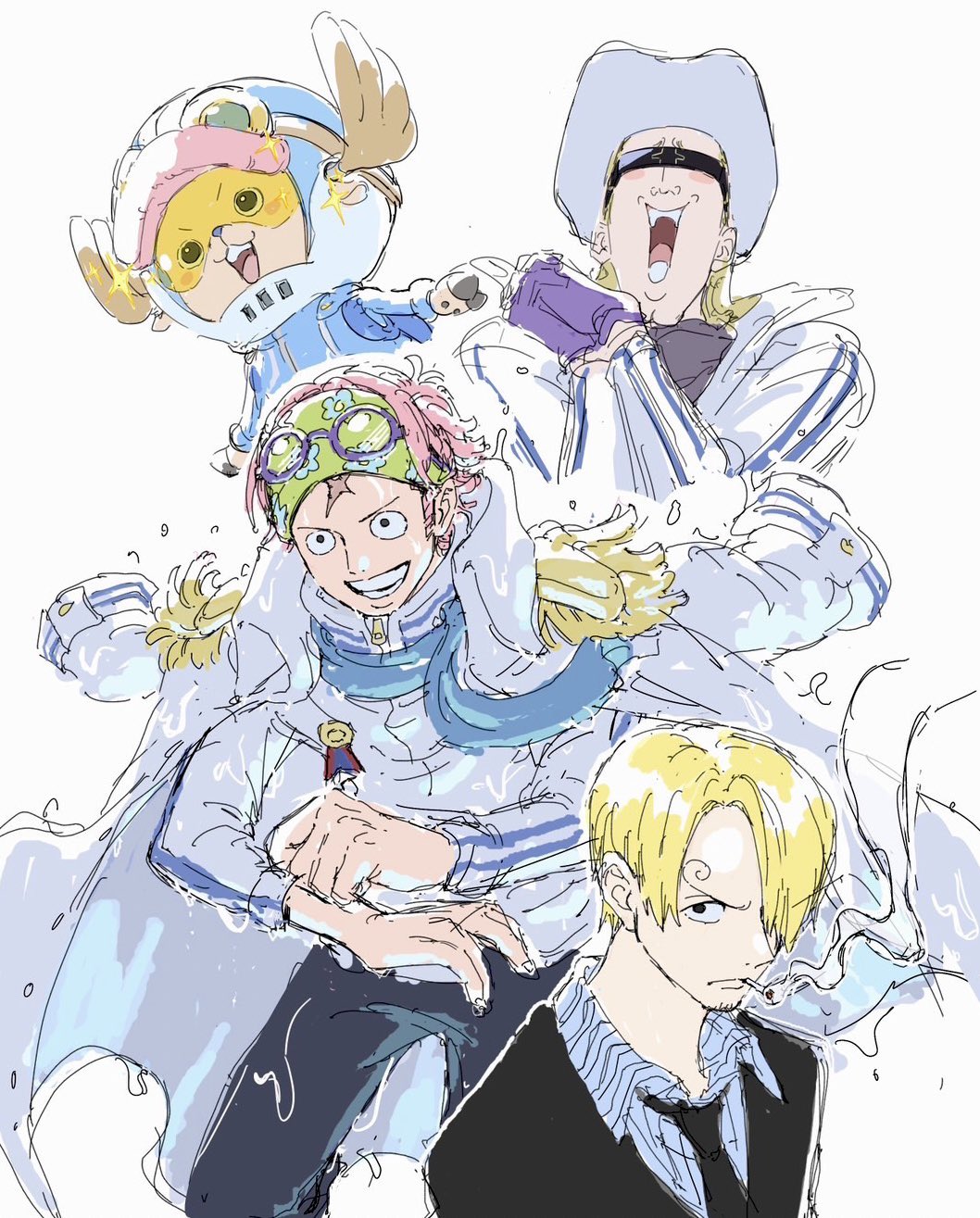 4boys a-kura antlers black_necktie blonde_hair blue_hair cigarette curly_eyebrows epaulettes facial_hair formal_clothes gloves goatee green_headband hair_over_one_eye hat headband helmeppo highres horns koby_(one_piece) male_focus medal multiple_boys necktie one_piece pink_hair purple_gloves reindeer_antlers sanji_(one_piece) scar scar_on_face simple_background smile smoke suit sunglasses tony_tony_chopper water white_background white_hat