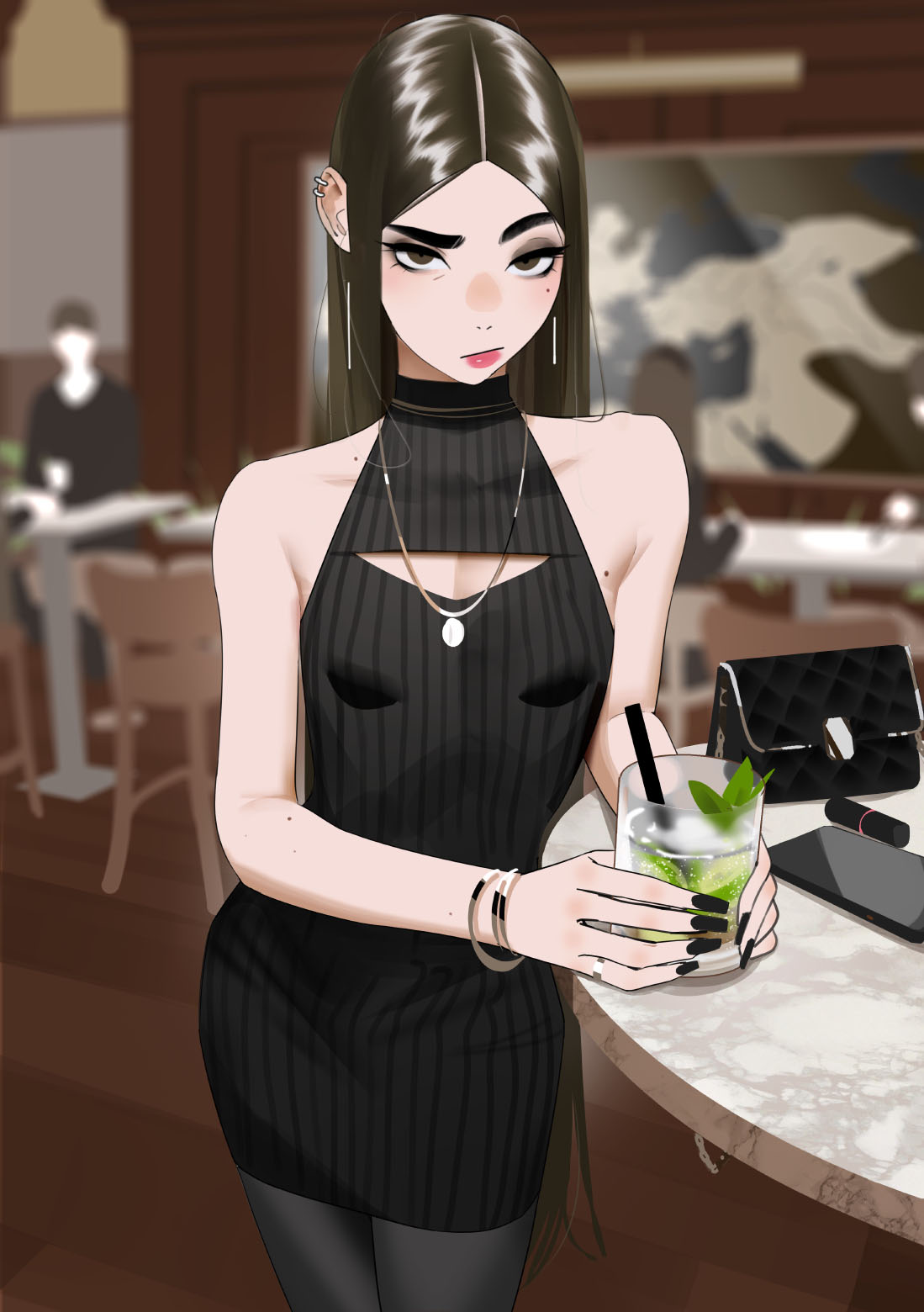 1girl 2others alcohol bag bare_shoulders black_dress black_nails black_pantyhose blurry blurry_background bracelet breasts brown_eyes brown_hair cellphone chair cleavage_cutout clothing_cutout commentary cosmetics cup damevodka1 dress drinking_glass ear_piercing earrings english_commentary handbag highres jewelry lipstick_tube long_hair mint mojito mole mole_on_arm mole_on_armpit mole_under_eye multiple_others necklace original pantyhose phone piercing ring solo unamused