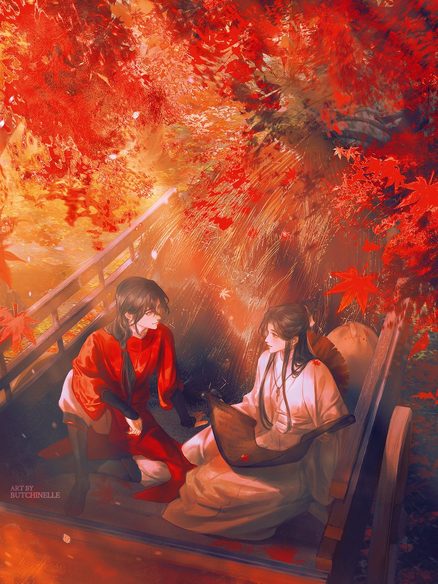 2boys arm_on_own_leg artist_name bandaged_neck bandages black_footwear black_hair boots brown_eyes butchinelle chinese_clothes closed_mouth commentary english_commentary eye_contact falling_leaves hair_ribbon hanfu hat hay highres holding holding_scroll hua_cheng leaf long_hair long_sleeves looking_at_another low_side_ponytail multiple_boys official_art outdoors pants ponytail red_hanfu ribbon rice_hat sack san_lang scroll sitting smile tianguan_cifu tree unworn_hat unworn_headwear wagon white_hanfu white_pants white_ribbon wide_sleeves xie_lian