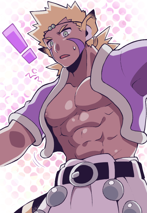 ! 1boy animal_ears belt blonde_hair breath_of_fire breath_of_fire_iv cray_(breath_of_fire) facial_mark looking_at_viewer male_focus minashirazu muscular muscular_male nipple_slip nipples open_mouth pectorals polka_dot polka_dot_background short_hair solo