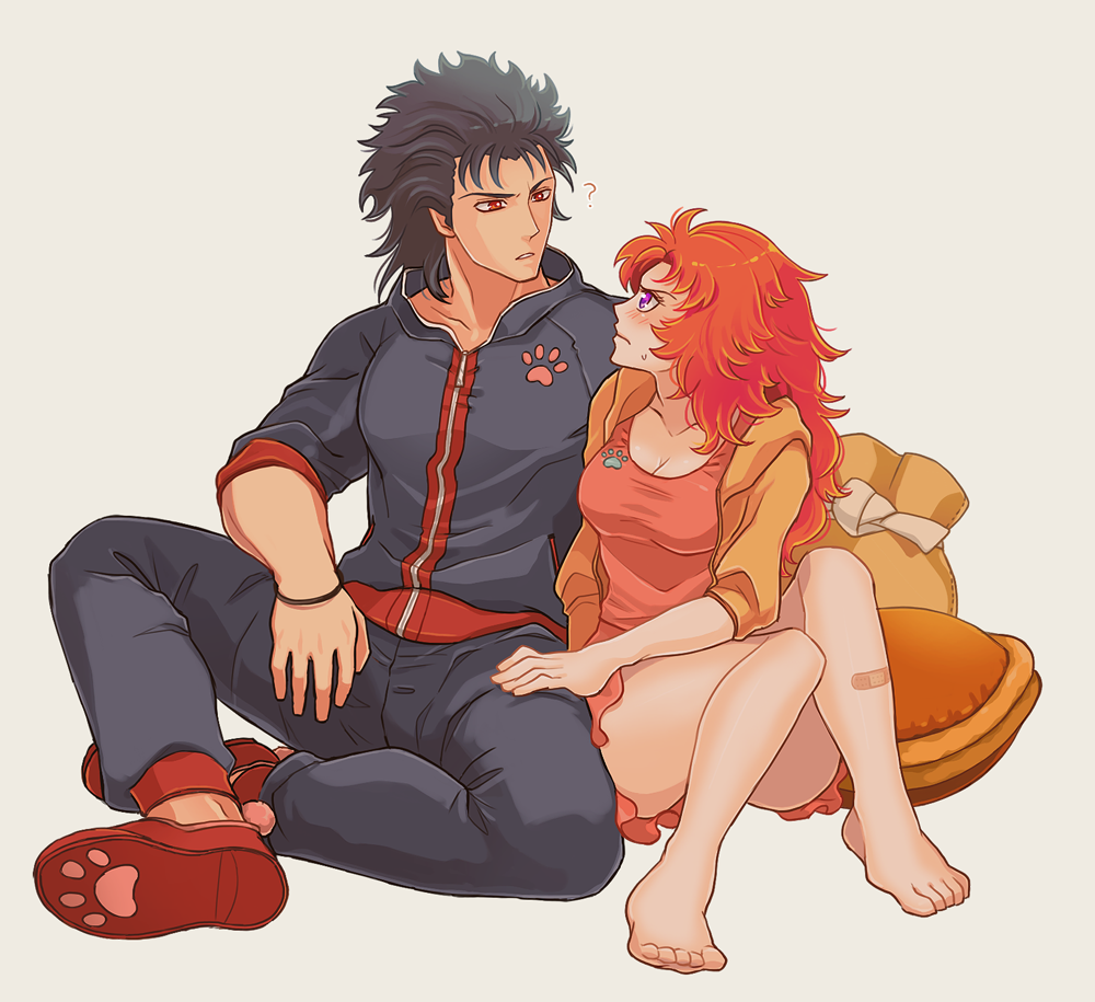 1boy 1girl ? bad_id bad_pixiv_id bandaid bandaid_on_leg barefoot black_hair blush bracelet breasts cleavage contemporary eye_contact hokuto_no_ken jewelry long_hair looking_at_another loungewear mamiya_(hokuto_no_ken) mayuzumi medium_breasts orange_hair paw_print purple_eyes red_eyes rei_(hokuto_no_ken) sitting sweatdrop
