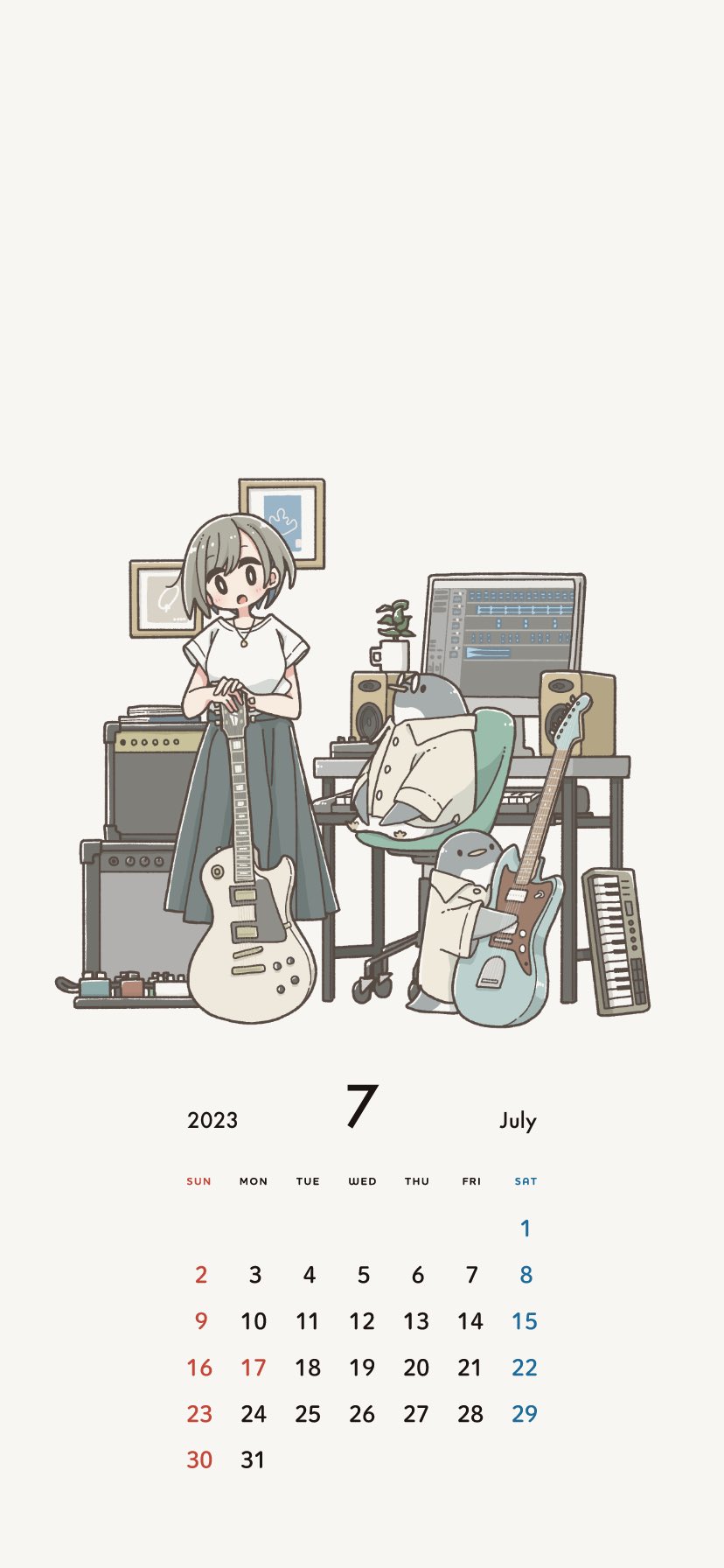 1girl bird black_eyes computer east_sha2 grey_hair guitar highres holding holding_instrument instrument keyboard_(instrument) original penguin shirt short_hair short_sleeves solo white_shirt