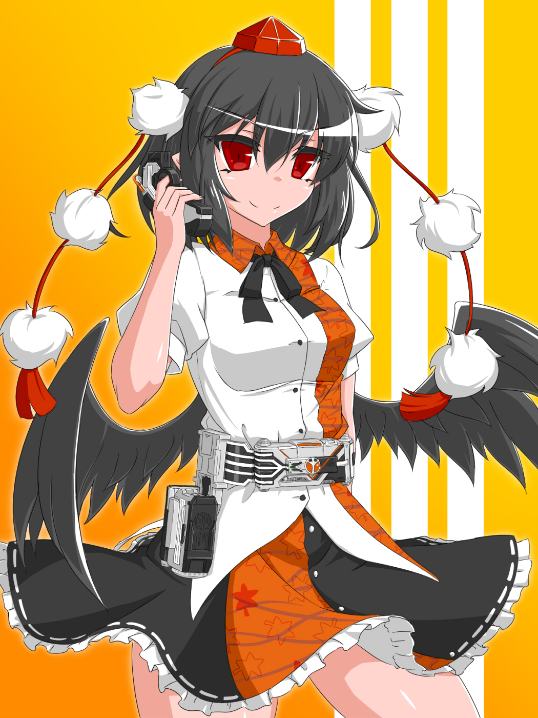 1girl belt black_hair black_wings crossover gradient_background hat henshin henshin_pose highres kamen_rider kamen_rider_555 kamen_rider_delta parody red_eyes rider_belt shameimaru_aya striped_background touhou tsukushi_(741789) wings
