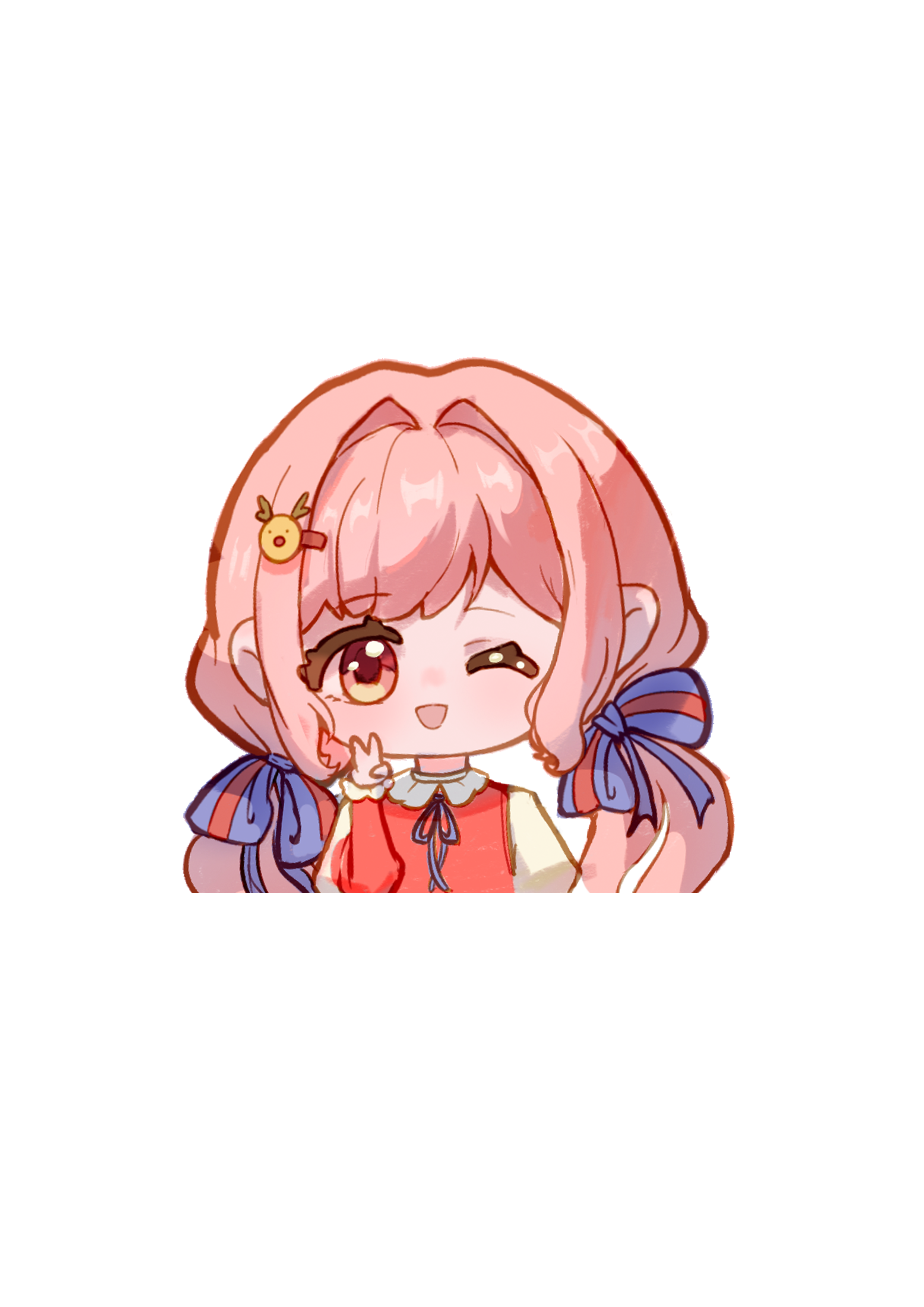 1girl absurdres blue_ribbon bow brown_eyes chibi chinese_commentary christmas collared_shirt commentary_request cropped_torso dress eyelashes frilled_shirt_collar frilled_sleeves frills hair_bow hair_intakes hair_ornament hairclip happy highres juliet_sleeves light_blush long_hair long_sleeves low_twintails meiyou_mingzi neck_ribbon nikki_(nikki) nikki_(series) one_eye_closed open_mouth outline pinafore_dress pink_hair puffy_sleeves purple_bow red_dress red_sleeves reindeer reindeer_hair_ornament ribbon shirt single_stripe sleeveless sleeveless_dress smile solo striped_bow tareme transparent_background twintails two-tone_sleeves v very_long_hair wavy_hair white_outline white_shirt
