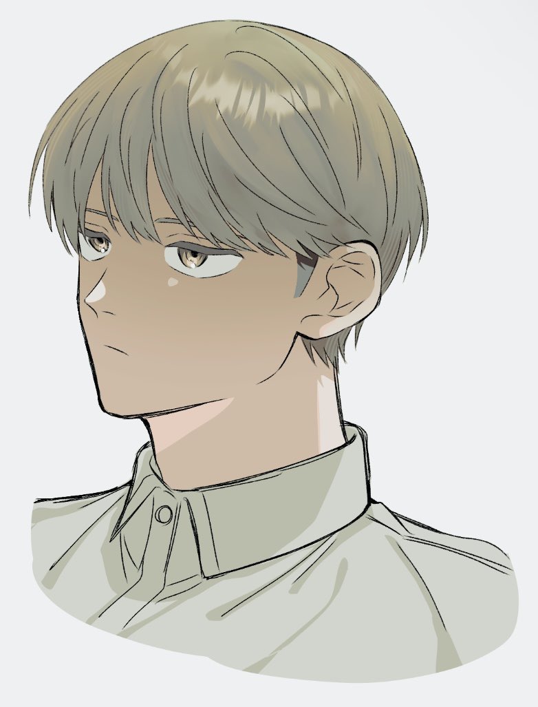 1boy :| brown_eyes brown_hair closed_mouth collared_shirt commentary_request cropped_torso dress_shirt futsuu_no_keion-bu hama_zatta male_focus portrait shirt short_hair simple_background solo takami_kouki white_shirt