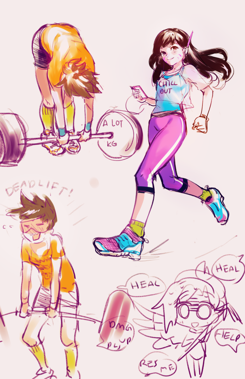 3girls bad_id bad_pixiv_id blush brown_hair chibi clenched_hand clothes_writing d.va_(overwatch) digital_media_player english_text exercising closed_eyes facial_mark goggles highres ipod k_(sktchblg) long_hair looking_at_viewer mercy_(overwatch) multiple_girls overwatch overwatch_1 pants running shirt shoes shorts sketch smile spiked_hair staff sweatdrop tank_top tracer_(overwatch) weightlifting weights whisker_markings wings