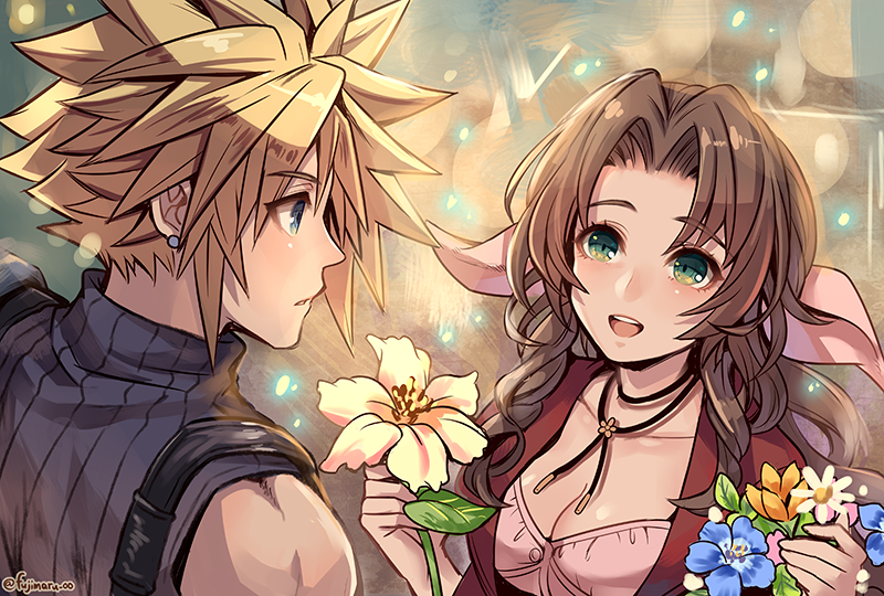 1boy 1girl aerith_gainsborough blonde_hair blue_eyes blue_flower blue_shirt breasts brown_hair choker cleavage cloud_strife dress earrings final_fantasy final_fantasy_vii flower fujimaru_(green_sparrow) green_eyes hair_ribbon holding holding_flower jacket jewelry loveless_avenue medium_breasts open_mouth parted_bangs pink_dress red_jacket ribbon ribbon_choker shirt sidelocks sleeveless sleeveless_turtleneck smile spiked_hair square_enix suspenders teeth turtleneck upper_body upper_teeth_only yellow_flower