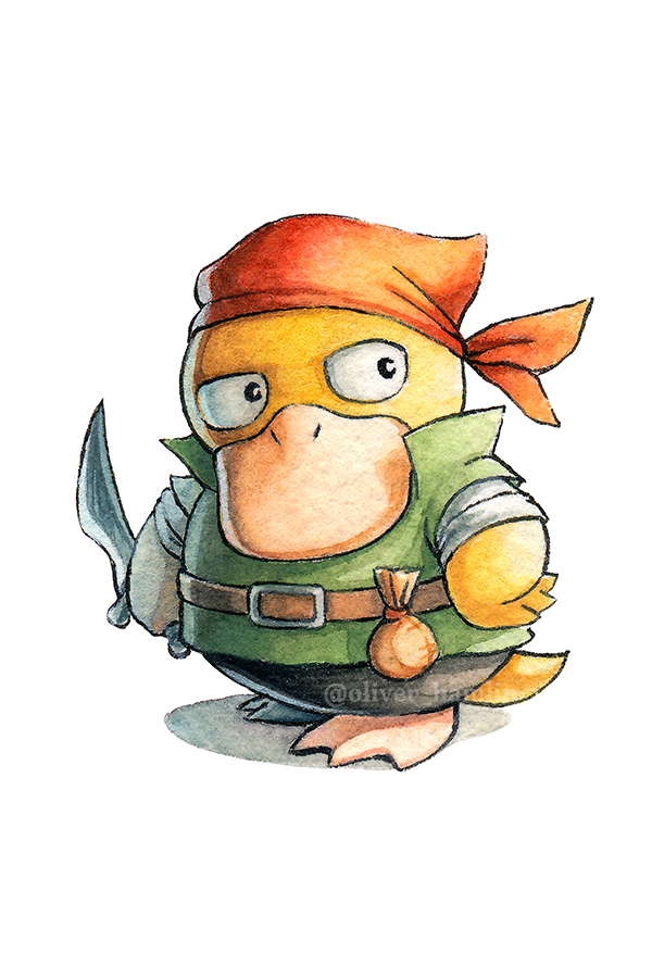 animal_focus artist_name bandana belt commentary cosplay dagger english_commentary final_fantasy final_fantasy_i gen_1_pokemon holding holding_dagger holding_knife holding_weapon knife looking_to_the_side nintendo no_humans oliver_hamlin pokemon pokemon_(creature) psyduck red_bandana simple_background standing tail thief_(final_fantasy) thief_(final_fantasy)_(cosplay) twitter_username weapon webbed_feet white_background