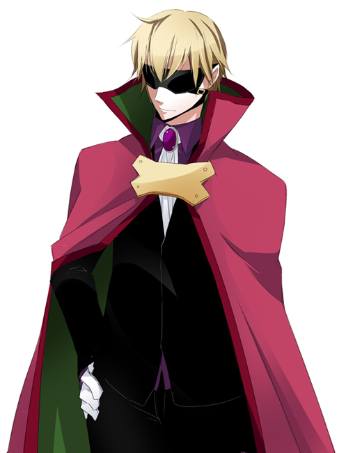 1boy aged_down blazblue blazblue:_bloodedge_experience blindfold blonde_hair cape formal_clothes gloves hand_on_own_hip high_collar male_focus mask motion pointy_ears relius_clover short_hair simple_background suit white_background