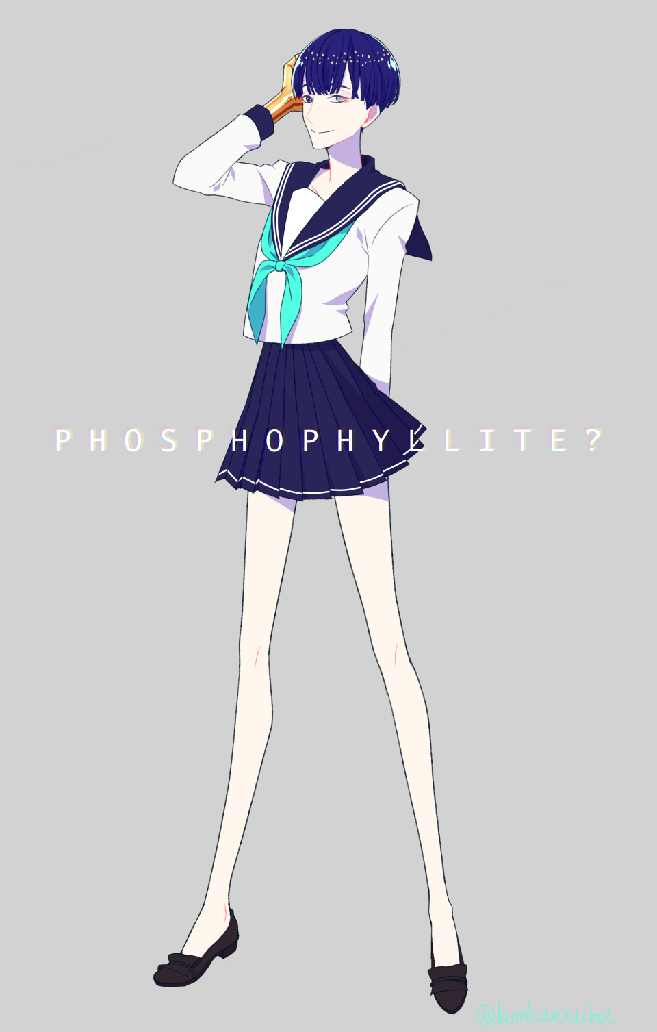 1other alternate_costume aqua_neckerchief arm_behind_back artist_name black_footwear blue_hair blue_sailor_collar blue_skirt character_name gold hand_on_own_head highres houseki_no_kuni kuro_no_suke_(kurotu962kurotu) looking_at_viewer neckerchief phosphophyllite_(ll) pleated_skirt sailor_collar school_uniform serafuku short_hair skirt solo standing