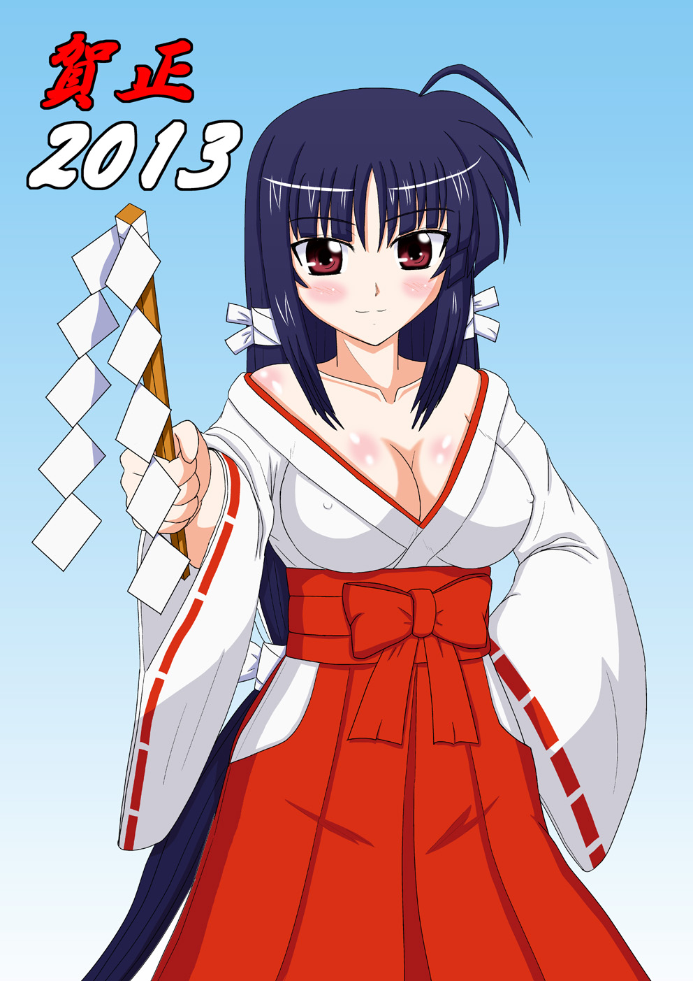 10s 1girl 2013 ahoge blush bow breasts cleavage collarbone covered_erect_nipples female_focus gohei hair_ribbon hakama hakama_skirt haori highres jabujabu japanese_clothes large_breasts long_hair lyrical_nanoha mahou_shoujo_lyrical_nanoha_vivid mikaya_chevelle miko new_year off_shoulder purple_hair red_eyes red_hakama ribbon skirt smile solo very_long_hair