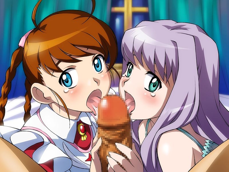 00s 1boy 2girls arika_yumemiya blue_eyes blush brown_hair censored cooperative_fellatio cooperative_handjob fellatio green_eyes handjob licking mashiro_blan_de_windbloom multiple_girls my-otome open_mouth oral penis pov purple_hair teamwork teamwork_(sexual)