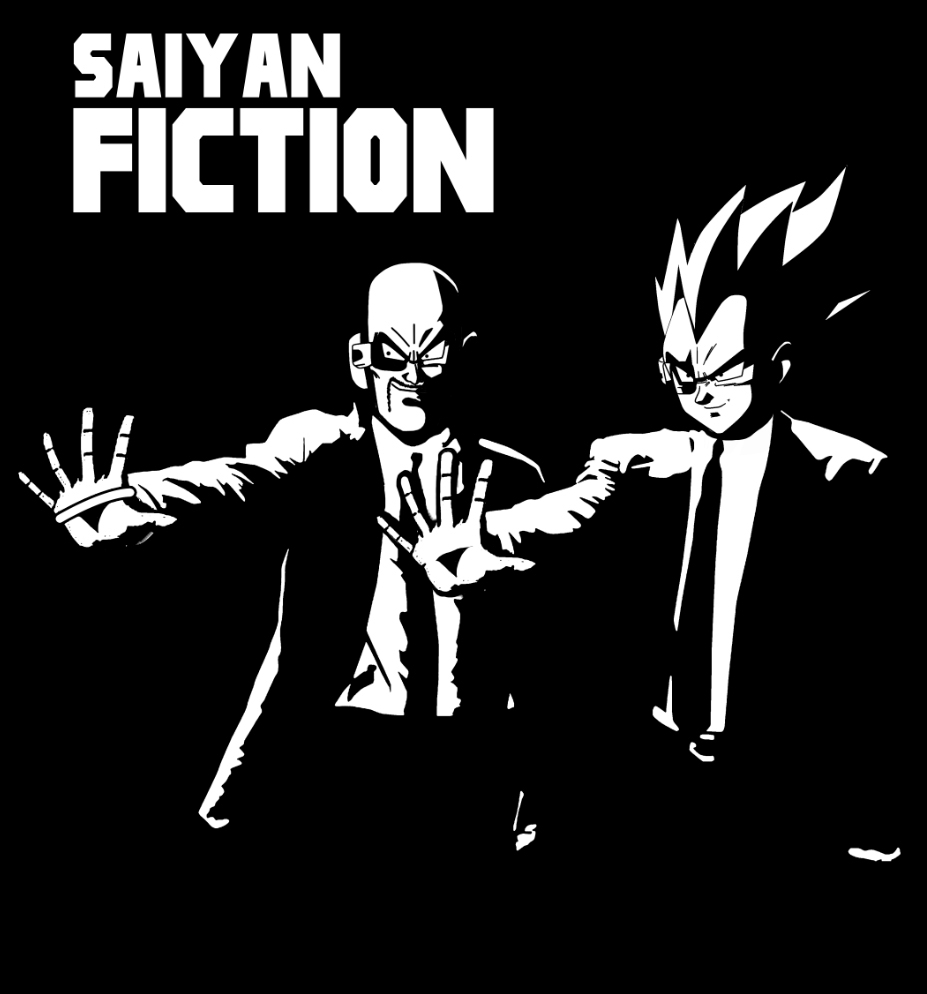 2boys black_background dragonball_z facial_hair formal_clothes multiple_boys mustache nappa pulp_fiction smile vegeta