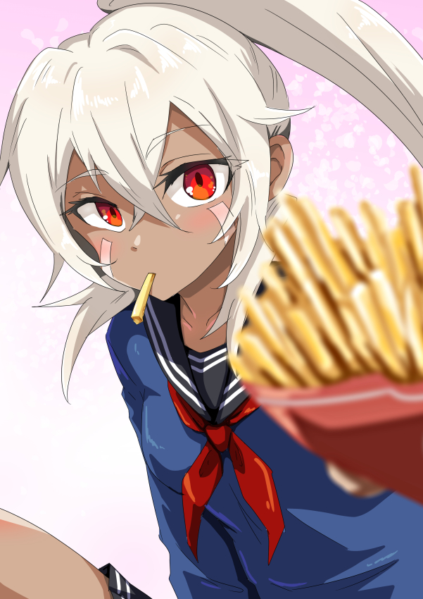 1girl azur_lane black_sailor_collar black_skirt blonde_hair blue_shirt blush breasts closed_mouth commentary_request crossed_bangs dark-skinned_female dark_skin expressionless facepaint food food_in_mouth french_fries hair_between_eyes high_ponytail holding holding_food houshi incoming_food long_hair looking_at_viewer medium_breasts minneapolis_(azur_lane) minneapolis_(wild_huntress_schoolgirl)_(azur_lane) neckerchief official_alternate_costume ponytail red_eyes red_neckerchief sailor_collar school_uniform serafuku shirt skirt solo upper_body very_long_hair