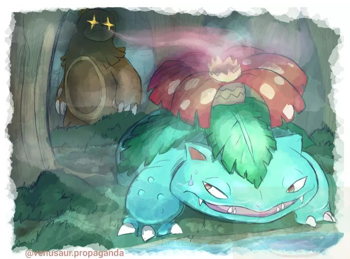 animal_focus artist_name border brown_eyes claws fangs forest gen_1_pokemon gen_2_pokemon nature nintendo no_humans open_mouth outdoors pokemon pokemon_(creature) river sharp_teeth smelling sparkling_eyes sweatdrop teeth ursaring venusaur venusaur-propaganda white_border