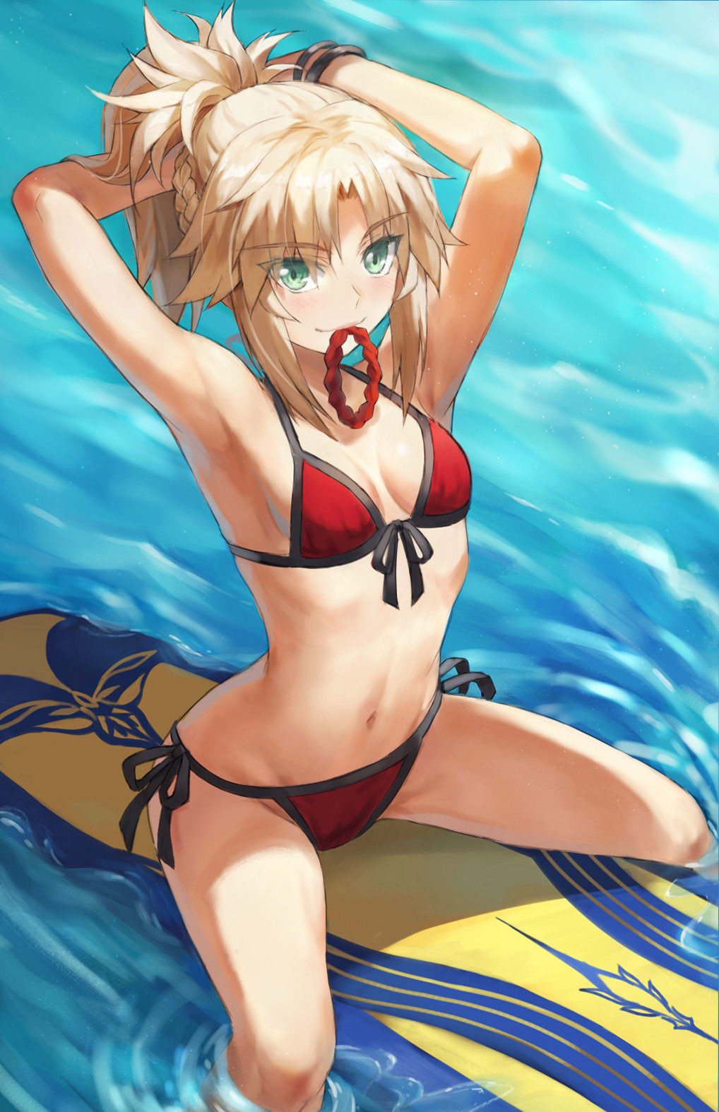 1girl armpits arms_behind_head arms_up bad_id bad_twitter_id bare_shoulders bikini blonde_hair bracelet braid breasts collarbone fate/grand_order fate_(series) female_focus green_eyes half_up_braid highres jewelry long_hair looking_at_viewer mordred_(fate) mordred_(swimsuit_rider)_(fate) mordred_(swimsuit_rider)_(first_ascension)_(fate) mouth_hold navel ocean parted_bangs ponytail prydwen_(fate) red_bikini sidelocks small_breasts smile solo surfboard swimsuit thighs tonee tying_hair wet