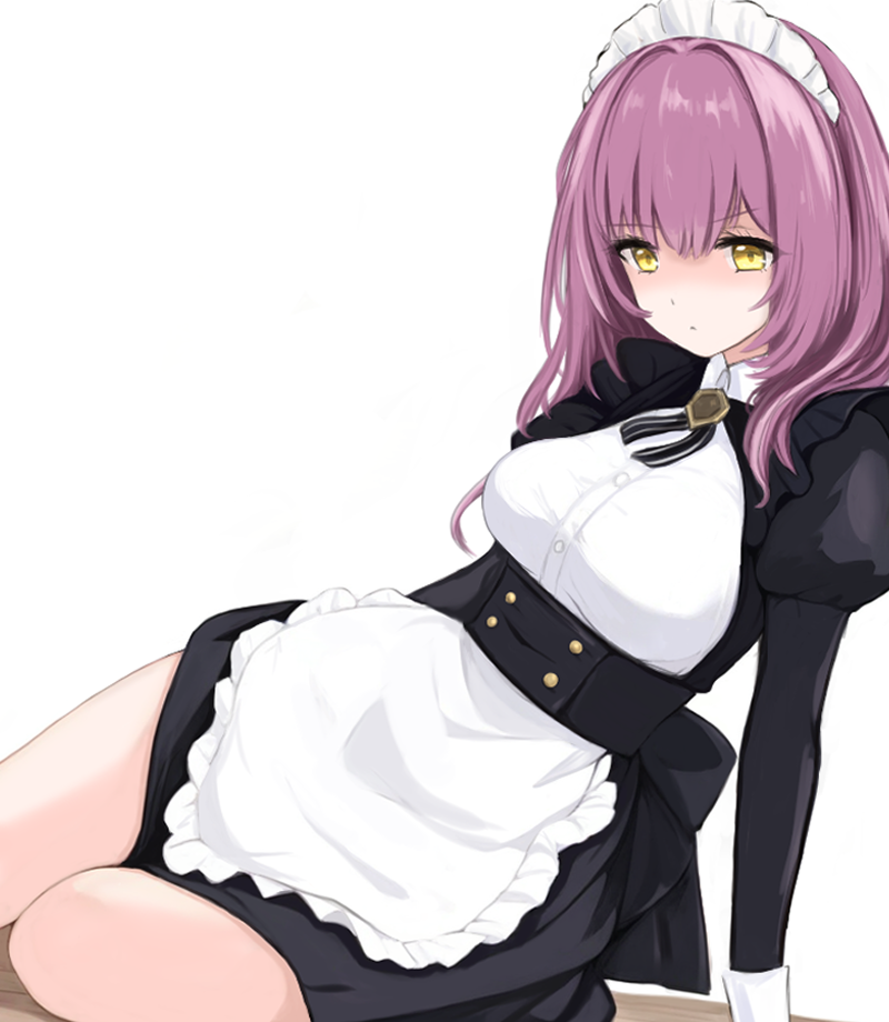 1girl apron azur_lane closed_mouth devonshire_(azur_lane) hair_intakes juliet_sleeves long_sleeves looking_at_viewer maid maid_apron maid_headdress medium_hair puffy_sleeves purple_hair sa_(nax49) shaded_face simple_background solo white_background yellow_eyes