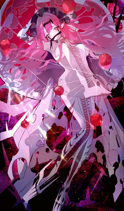 1girl aria_(gzwm3353) arm_up baobhan_sith_(fate) baobhan_sith_(swimsuit_pretender)_(fate) baobhan_sith_(swimsuit_pretender)_(third_ascension)_(fate) boots breasts cross-laced_clothes cross-laced_dress detached_sleeves dress facial_mark fate/grand_order fate_(series) frilled_hat frills gag grey_eyes hat high_heel_boots high_heels long_hair looking_at_viewer pink_hair platform_heels pointy_ears revealing_clothes sidelocks solo thigh_boots white_dress