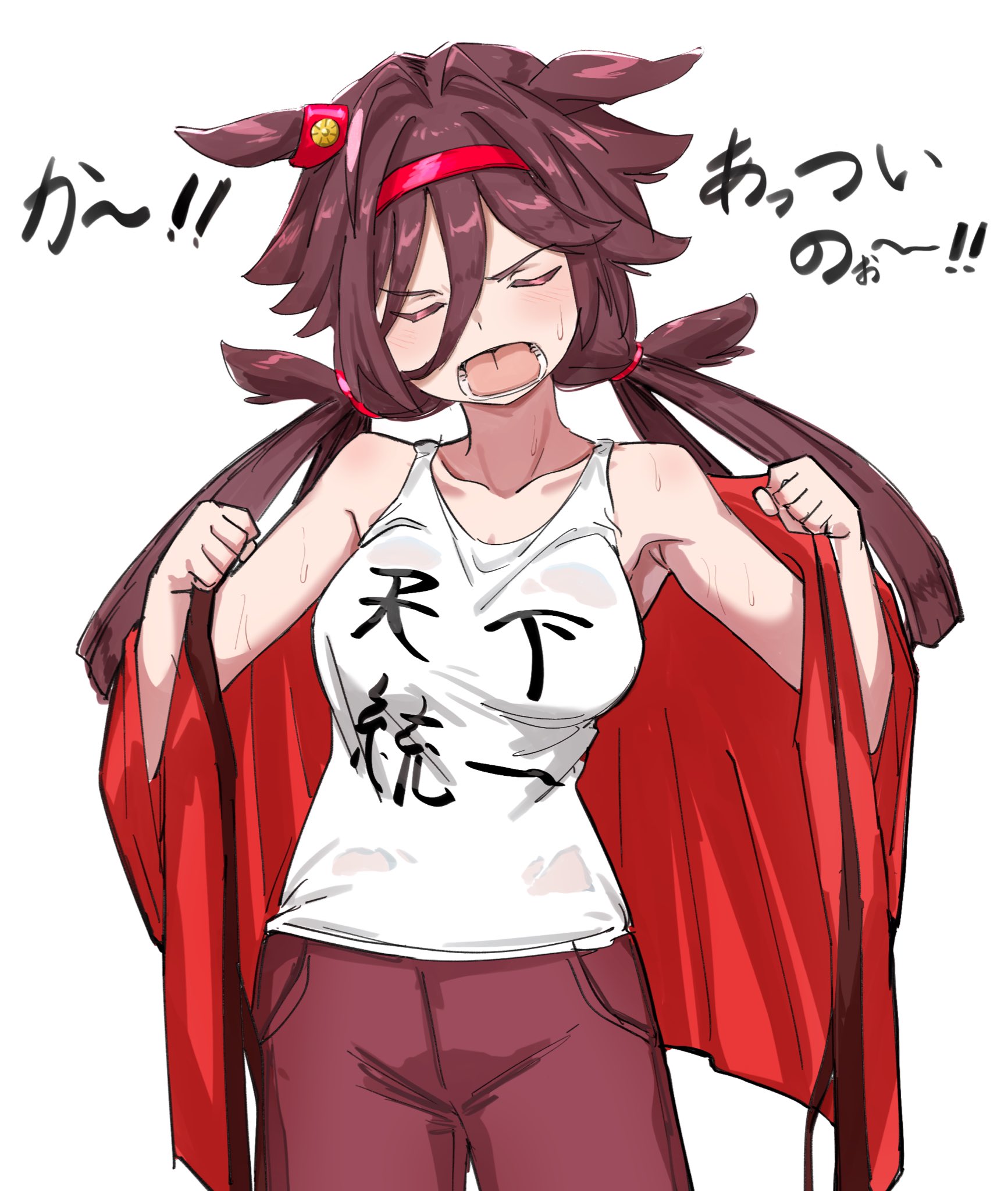 1girl animal_ears brown_hair casual clenched_hands closed_eyes collarbone hairband highres horse_ears jacket long_hair low_twintails minorun9 no_reason_(umamusume) open_mouth pants shirt simple_background solo sweat translation_request twintails umamusume white_background