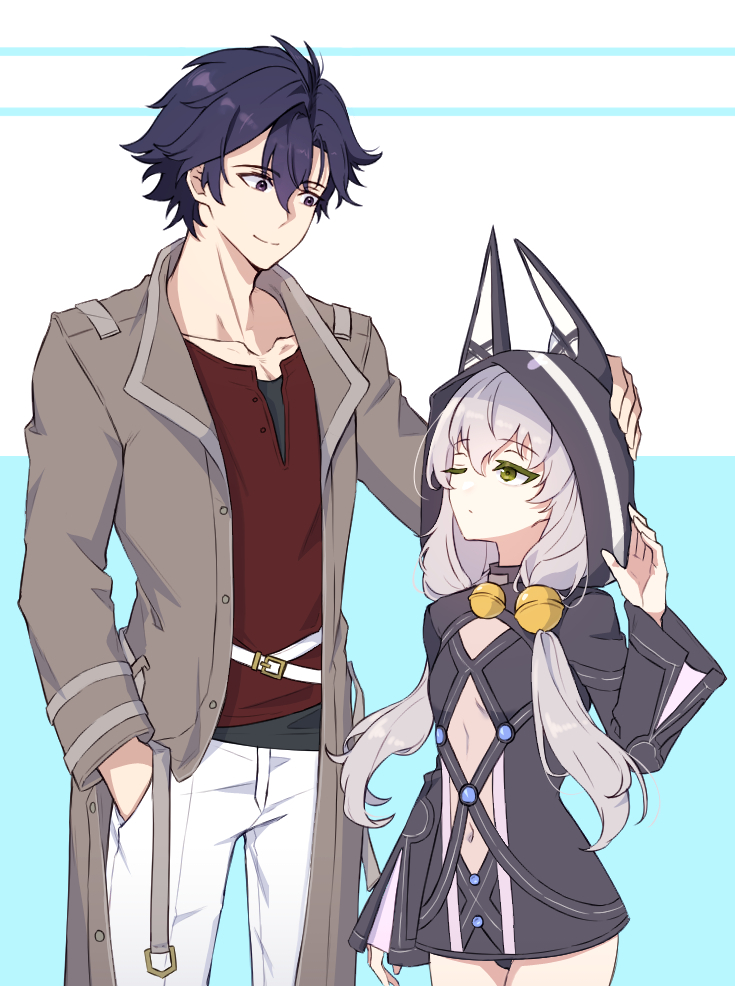 1boy 1girl altina_orion animal_ear_hood arm_behind_back breasts coat curtained_hair double-parted_bangs dress eiyuu_densetsu fake_animal_ears green_eyes hair_between_eyes hand_in_pocket headpat hood hoodie kai_no_kiseki kuro_no_kiseki_(series) navel open_clothes open_coat purple_eyes rean_schwarzer sen_no_kiseki sen_no_kiseki_(series) sen_no_kiseki_ii sidelocks simple_background small_breasts smile thighhighs two-tone_background tyotyo4546 underboob