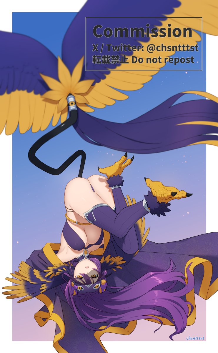 1girl artist_name ass bird_legs black_feathers black_wings blue_background border breasts commission feathered_wings feathers gradient_background harpy head_wings highres kizuta_(barometz) long_hair looking_at_viewer medium_breasts monster_girl oneiroi_(apexhydra8) open_mouth original panties partially_feathered_tail purple_background purple_hair purple_panties purple_thighhighs skeb_commission sleep_mask solo talons thighhighs twitter_username underwear upskirt white_border winged_arms winged_tail wings yellow_eyes