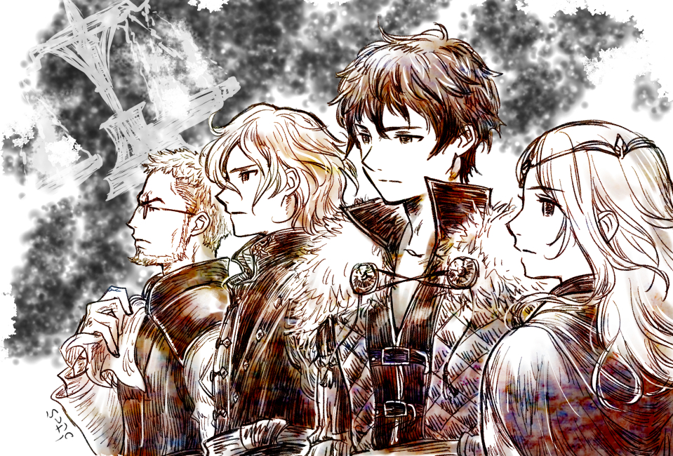 1girl 3boys artist_name beard benedict_pascal cape closed_mouth diadem expressionless facial_hair frederica_aesfrost fur_trim glasses long_hair looking_afar looking_ahead multiple_boys roland_glenbrook serenoa_wolffort sketch triangle_strategy upper_body usakura