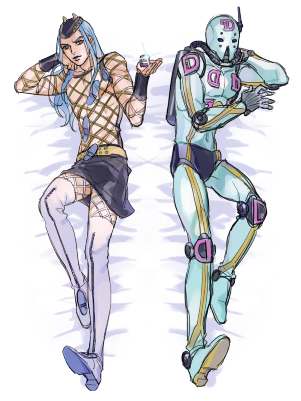 1boy blue_eyes blue_hair blue_lips boots dakimakura_(medium) diver_down_(stand) fishnets full_body hat head_rest holding jewelry jojo_no_kimyou_na_bouken lipstick long_hair lying makeup male_focus narciso_anasui reammara ring skirt stand_(jojo) stone_ocean thigh_boots thighhighs