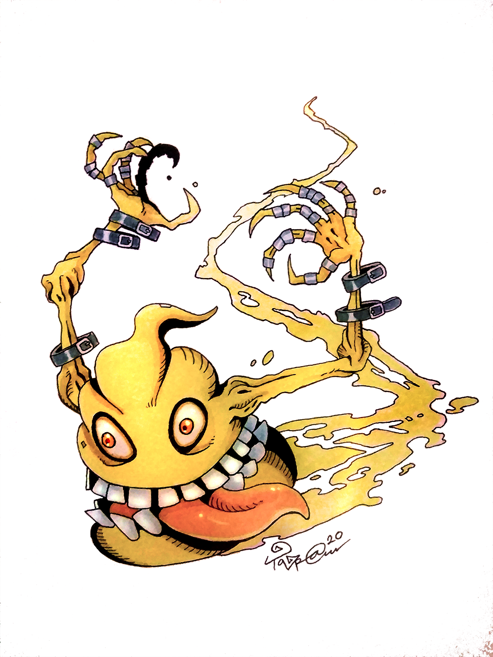 2020 arm_belt arms_up belt black_belt claws digimon digimon_(creature) highres inktober jewelry long_tongue monster multiple_belts multiple_rings no_humans painting_(medium) poop red_eyes ring running scumon solo taragraphika teeth tongue tongue_out traditional_media watercolor_(medium) white_background