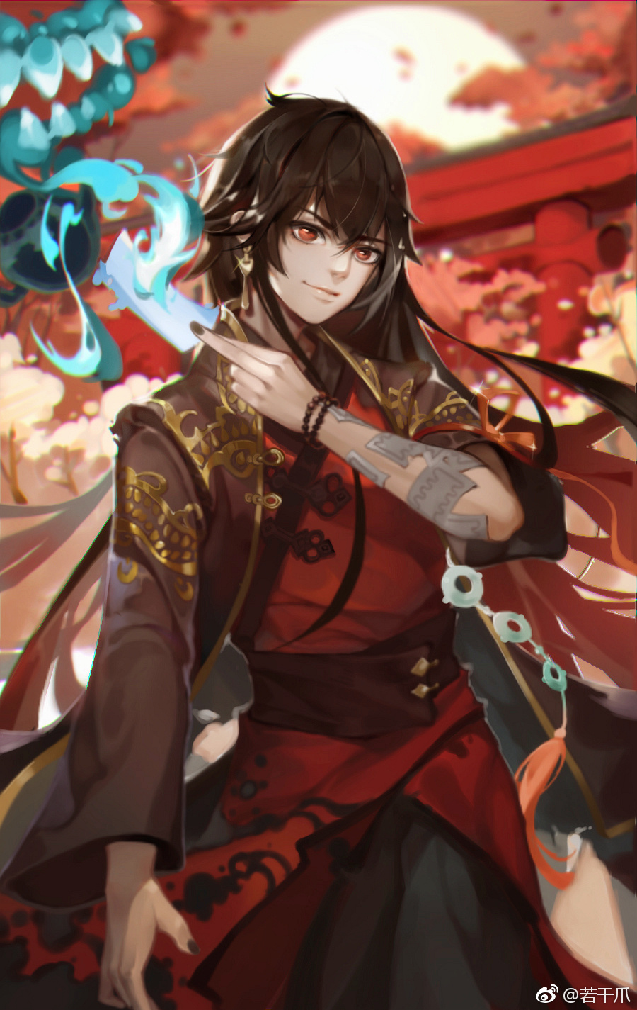 black_hair bracelet chinese_clothes earrings forever_7th_capital highres jade_pendant jewelry long_hair nail_polish ruoganzhao torii zhong_hangu