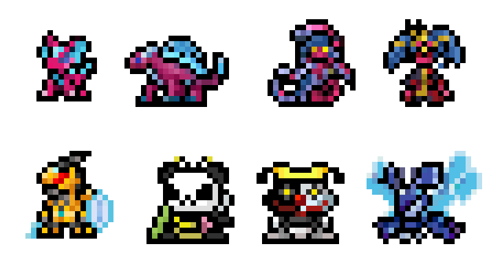 armor chaospiemon colored_skin digimon digimon_(creature) dimetromon elizamon eosmon_perfect lamia lamiamon medusamon monster_girl otrojorch panbachimon panda pink_skin shield simple_background sprite sprite_art sword tail tigervespamon weapon white_background wings yellow_eyes
