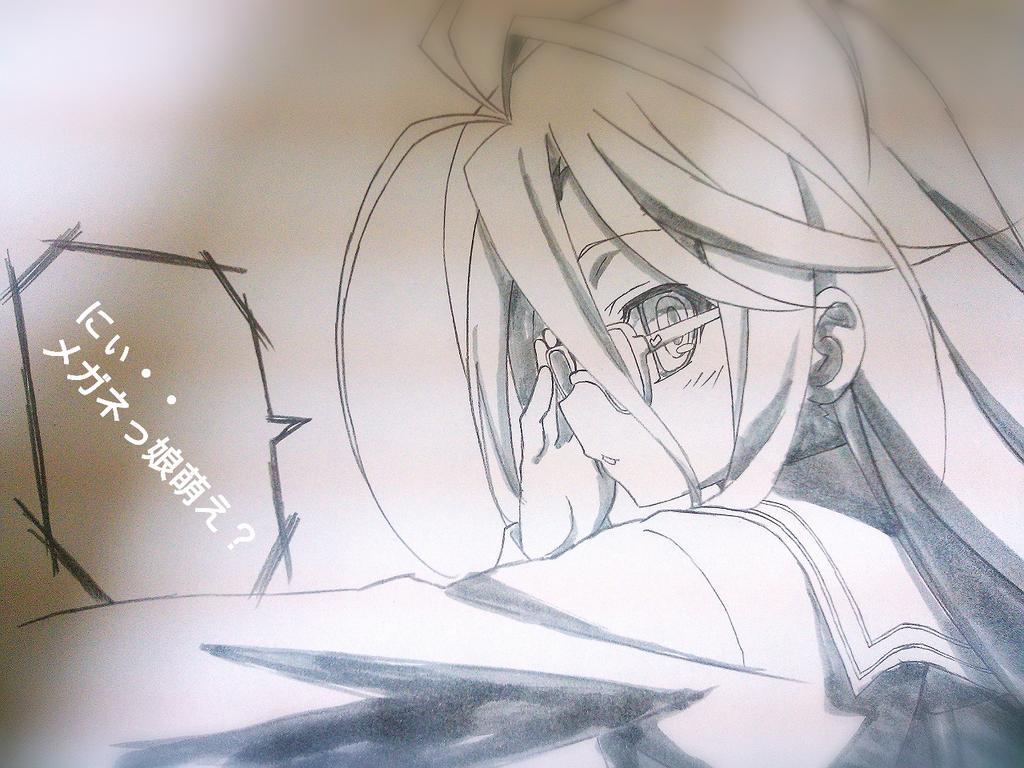 1girl :3 adjusting_eyewear arm_up bespectacled from_side glasses glasses_day greyscale hair_intakes hand_up koseki_masaru light_blush long_hair looking_at_viewer medium_request messy_hair monochrome no_game_no_life official_art open_mouth photo_(medium) sailor_collar school_uniform shiro_(no_game_no_life) sideways_glance solo translated upper_body white_hair