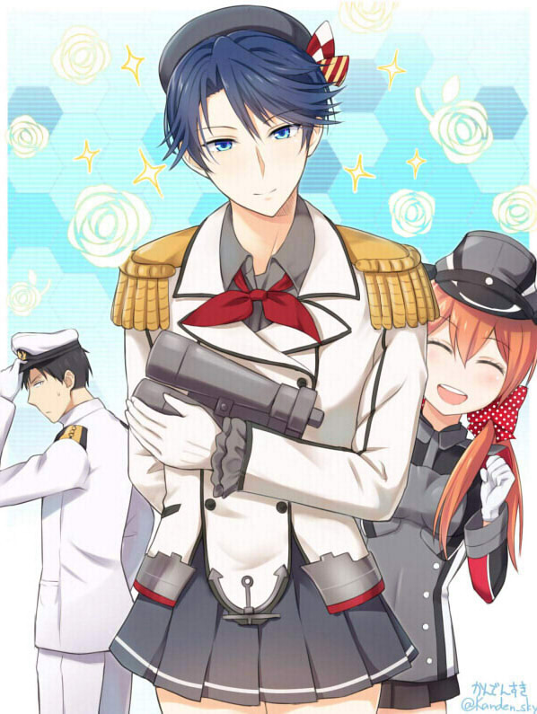 1boy 2girls admiral_(kancolle) admiral_(kancolle)_(cosplay) artist_name beret binoculars black_hair blue_eyes bow closed_eyes cosplay epaulettes gekkan_shoujo_nozaki-kun hair_ribbon hat kanden_sky kantai_collection kashima_(kancolle) kashima_(kancolle)_(cosplay) kashima_yuu long_hair military military_uniform miniskirt multiple_girls name_connection naval_uniform nozaki_umetarou open_mouth ozawa_ari peaked_cap polka_dot polka_dot_bow prinz_eugen_(kancolle) prinz_eugen_(kancolle)_(cosplay) ribbon sakura_chiyo short_hair signature skirt smile trait_connection twintails twitter_username voice_actor_connection