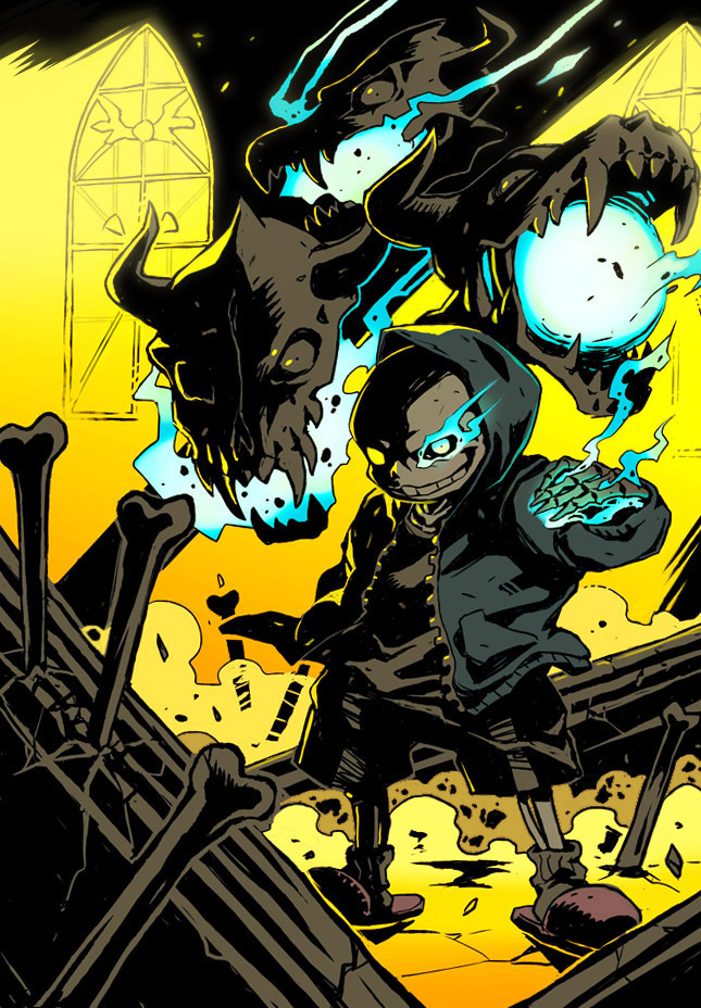 1boy black_shorts blue_eyes blue_jacket bone broken_pillar commentary_request crack cracked_floor flaming_eye floating_clothes floating_head grin hand_in_pocket heterochromia hood hood_up horns igaiga imminent_attack jacket looking_at_viewer male_focus monster_boy sans_(undertale) sharp_teeth shirt shorts skeleton slippers smile socks solo teeth undertale white_shirt window yellow_eyes