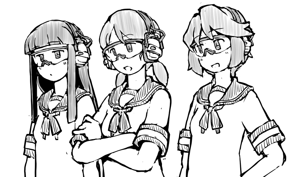 3girls blunt_bangs crossed_arms ear_protection earphones greyscale hatsuyuki_(kancolle) kantai_collection long_hair low_twintails medium_hair miyuki_(kancolle) monochrome multiple_girls no_nose safety_glasses sailor_collar sailor_shirt school_uniform serafuku shirayuki_(kancolle) shirt short_hair short_sleeves simple_background task_(s_task80) twintails upper_body