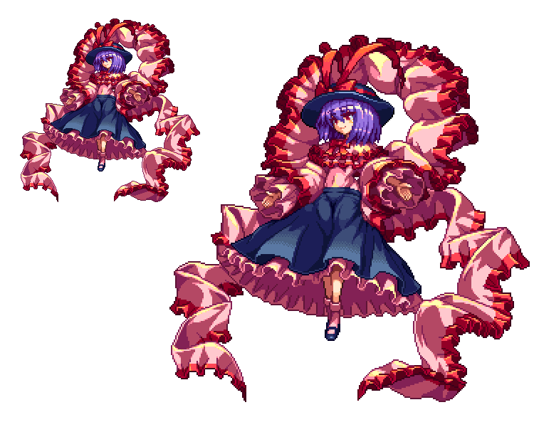1girl hat hat_ribbon mary_janes migel_futoshi multiple_views nagae_iku pixel_art purple_hair red_eyes ribbon shawl shoes short_hair skirt smile socks touhou