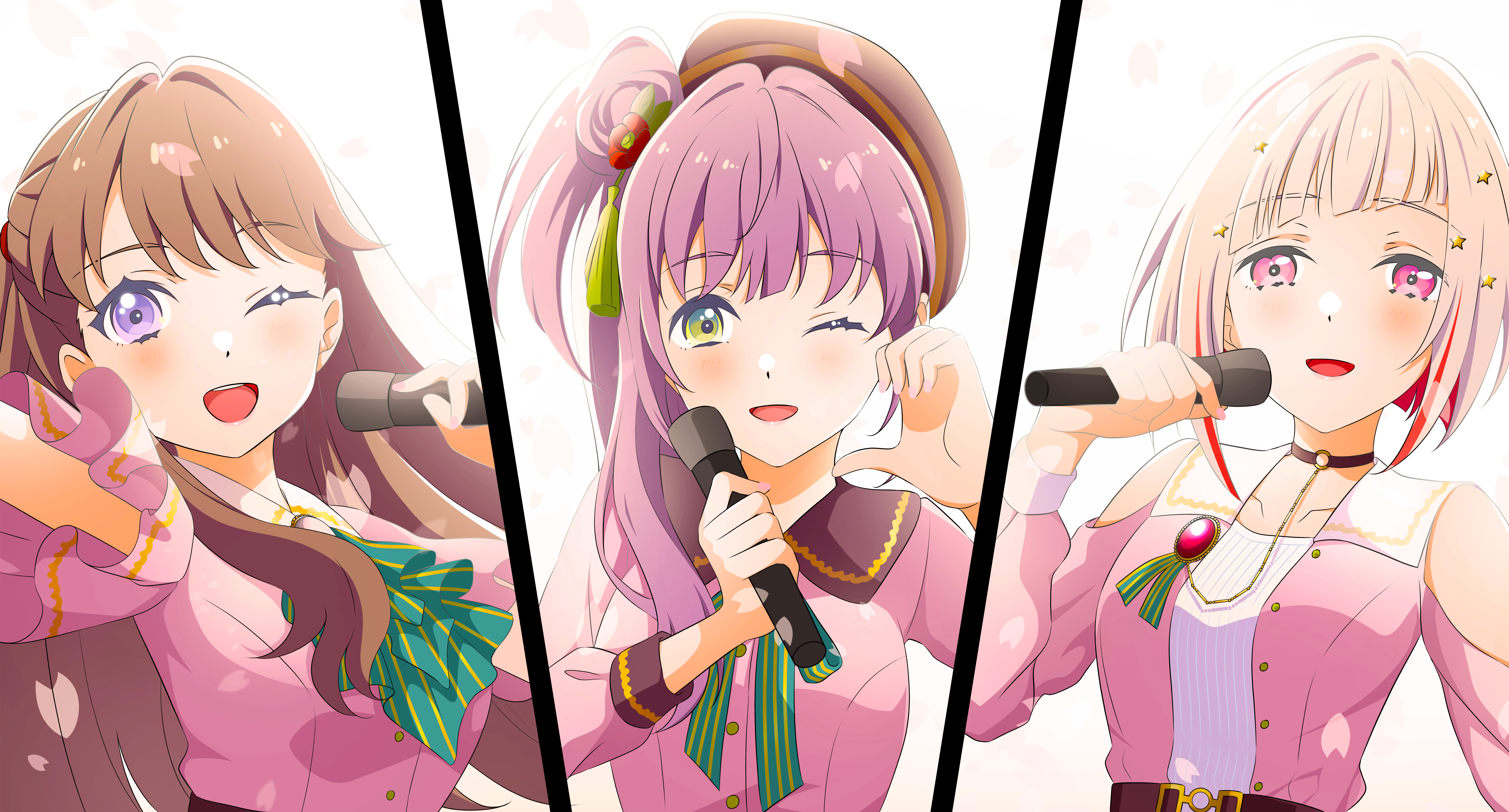 3girls :d ;d absurdres ascot bare_shoulders blush bob_cut breasts brown_hair clothing_cutout collarbone collared_dress column_lineup commentary_request contrast_collar dream_believers dress flower frilled_ascot frilled_sleeves frills fujishima_megumi green_ascot green_eyes green_ribbon grey_hair hair_bun hair_flower hair_ornament half-heart_hands highres holding holding_microphone inverted_bob kujo_awenn link!_like!_love_live! long_hair long_sleeves looking_at_viewer love_live! medium_breasts microphone multicolored_hair multiple_girls neck_ribbon one_eye_closed open_mouth otomune_kozue outstretched_arm pink_dress pink_eyes pinstripe_ascot pinstripe_ribbon purple_eyes purple_hair red_flower red_hair ribbon rounded_collar short_hair short_sleeves shoulder_cutout side_ponytail sidelocks simple_background single_side_bun smile star_(symbol) star_hair_ornament streaked_hair teeth two_side_up upper_body upper_teeth_only virtual_youtuber white_background yugiri_tsuzuri