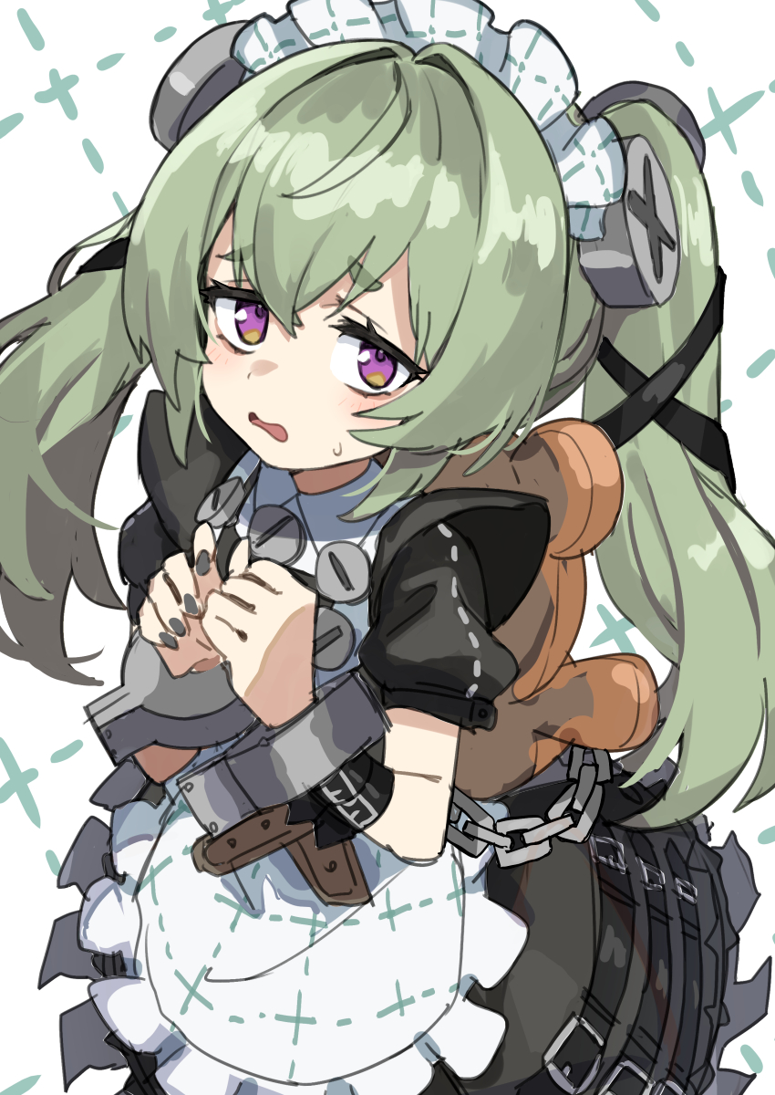 1girl animal_bag apron bear_bag black_dress black_nails chain commentary corin_wickes cuffs dress gazacy_(dai) green_hair hair_between_eyes highres long_hair looking_at_viewer maid maid_apron maid_headdress open_mouth puffy_short_sleeves puffy_sleeves purple_eyes screw_hair_ornament short_sleeves simple_background solo twintails white_apron white_background zenless_zone_zero