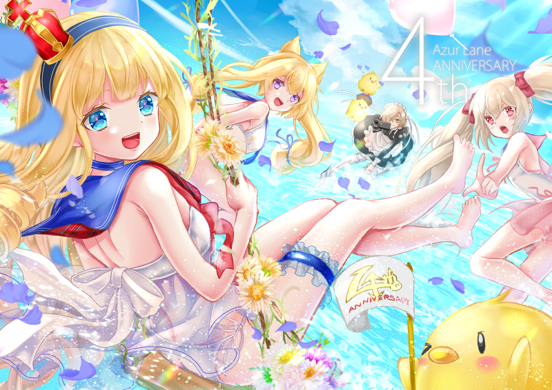 4girls animal_ears apron armored_boots azur_lane barefoot bikini black_dress blonde_hair blue_eyes blue_sailor_collar boots crown dress full_body gun holding holding_gun holding_weapon long_hair manjuu_(azur_lane) mini_crown multiple_girls on_swing open_mouth purple_eyes queen_elizabeth_(azur_lane) red_eyes sailor_collar see-through_clothes sheffield_(azur_lane) swimsuit swing swinging twintails ui._(aqua_pot) valiant_(azur_lane) very_long_hair warspite_(azur_lane) water weapon white_apron white_bikini