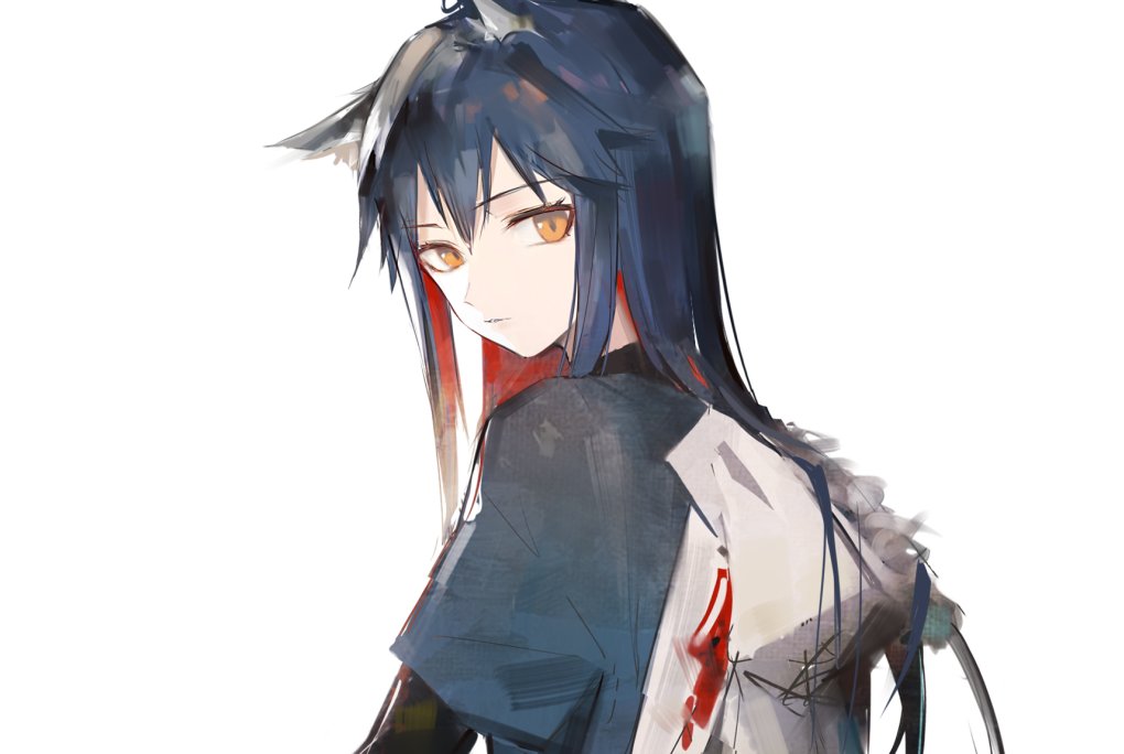 1girl animal_ear_fluff animal_ears arknights black_hair black_shirt closed_mouth colored_inner_hair hair_between_eyes huanxiang_heitu jacket long_hair long_sleeves looking_at_viewer multicolored_hair red_hair shirt simple_background solo texas_(arknights) white_background white_jacket wolf_ears wolf_girl yellow_eyes