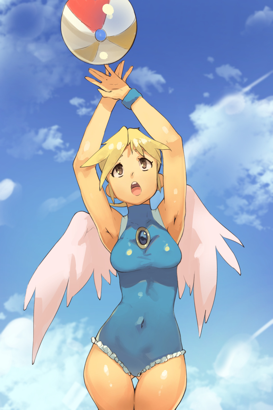 1girl :o armpits arms_up ball beach beachball blonde_hair breasts breath_of_fire breath_of_fire_iv brooch brown_eyes brown_hair cleavage cloud commentary cropped_legs english_commentary gluteal_fold highres jewelry looking_up medium_breasts navel nina_(breath_of_fire_iv) one-piece_swimsuit open_mouth pink_wings pinup_(style) short_hair sky sleeveless solo summer swimsuit vins-mousseux wings