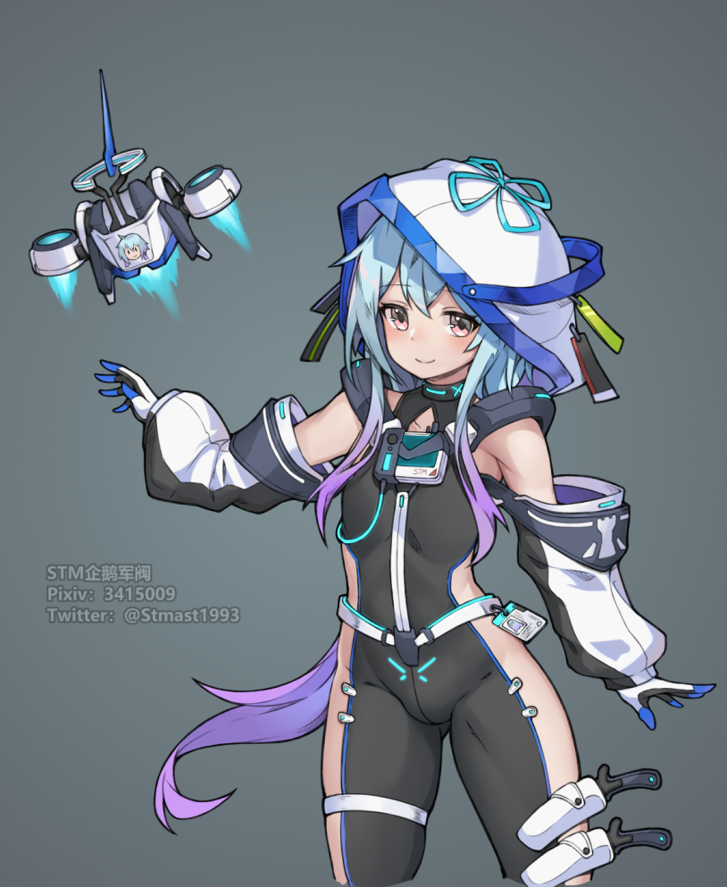 1boy arknights arm_up artist_name black_bodysuit blush bodysuit clothing_cutout detached_sleeves drone grey_background holster hood hood_up id_card long_hair long_sleeves looking_at_viewer male_focus mizuki_(arknights) multicolored_hair pink_eyes pixiv_id purple_hair side_cutout simple_background smile solo stmast streaked_hair thigh_holster trap twitter_username very_long_hair
