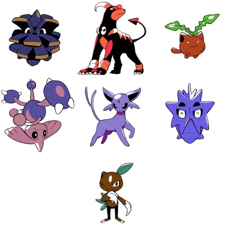 ^_^ black_eyes bright_pupils claws closed_eyes closed_mouth espeon frown gen_2_pokemon hitmontop hoppip houndoom nintendo no_humans one_eye_closed pineco pokemon pokemon_(creature) pupitar simple_background smile sneasel standing tyako_089 white_background white_pupils